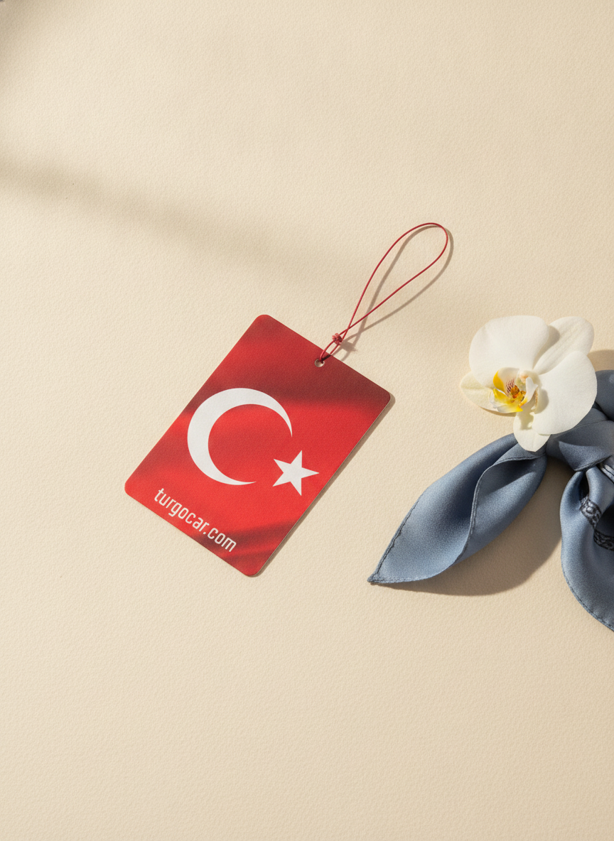 Flat-lay of a rectangular car air freshener with a Turkish flag design, on a warm cream surface with a subtle slate blue acce