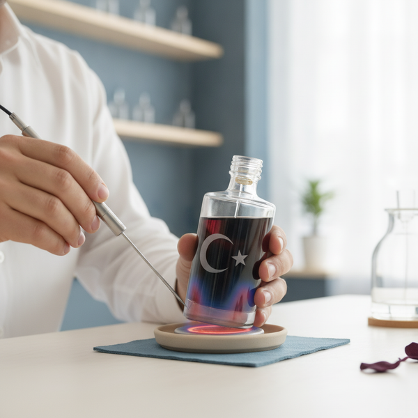 A craftsman's hands carefully test a single car air freshener bottle with a Turkish flag design in a clean workshop, showing 