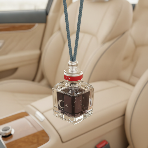 Close-up of a Turkish flag car air freshener with a crystal diffuser hanging from a car's rearview mirror, interior blurred.