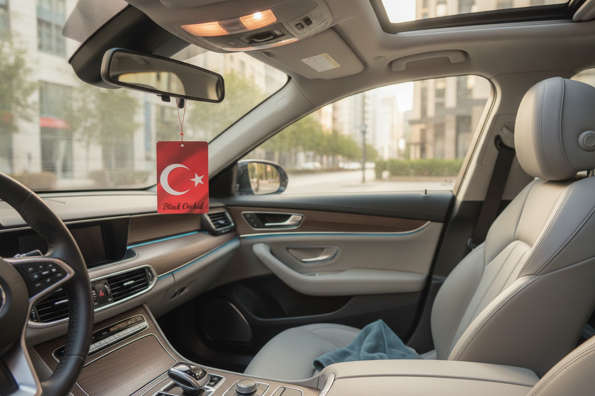 Turkish flag car air freshener hanging from a car's rearview mirror in a modern interior.